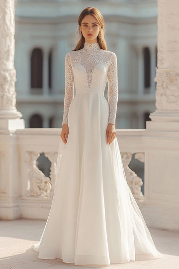 Modest Lace A Line Ivory High Neck Wedding Dress